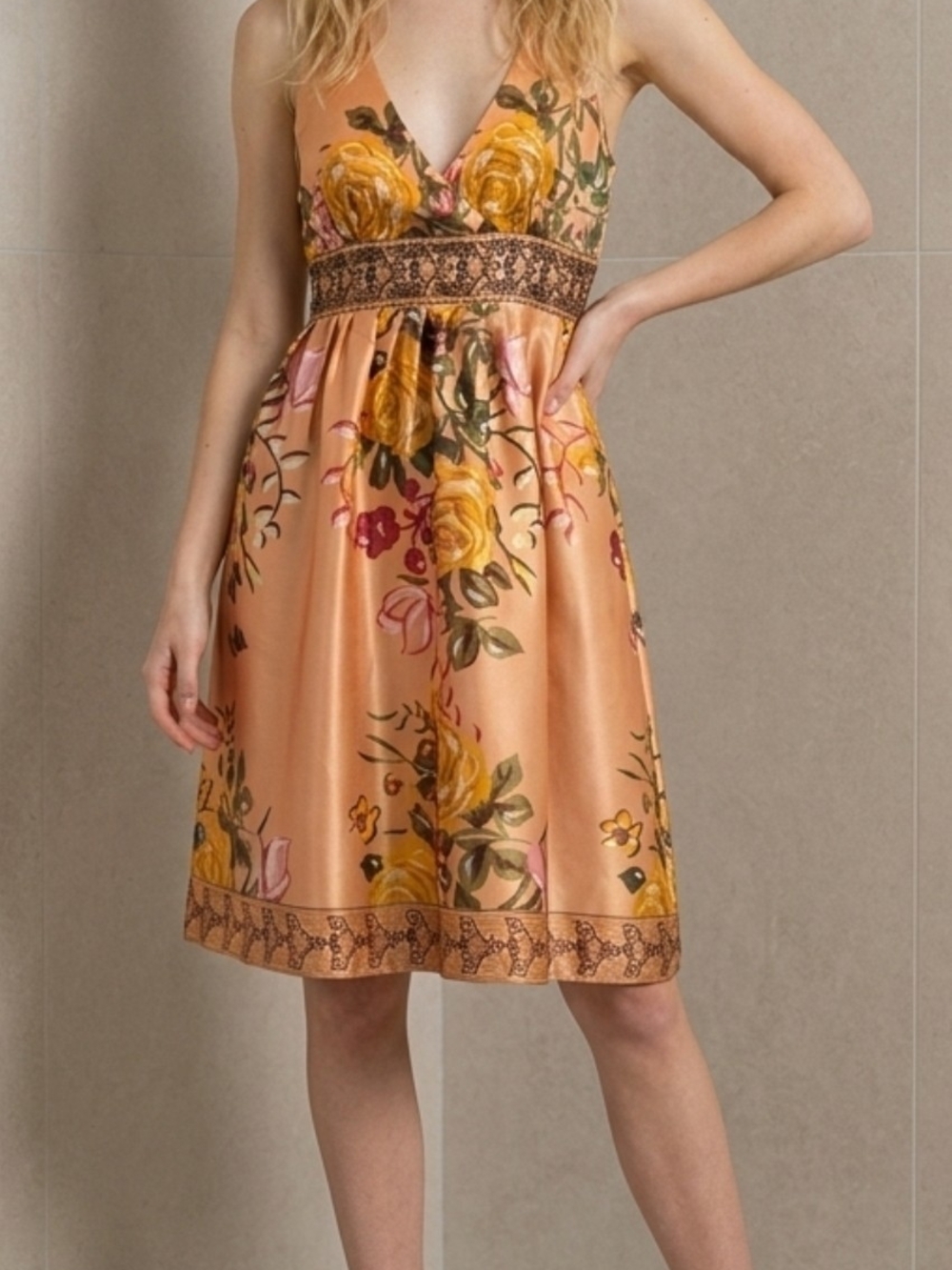 Forever 21 Peach Midi Dress with Yellow Rose Print